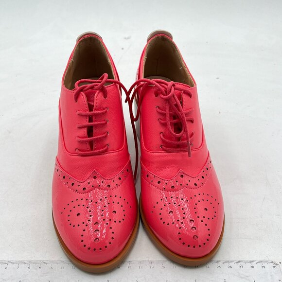 FOWT Pink Women's Perforated Lace-Up Oxfords Almond Toe Mid Chunky Heel Shoes - Picture 3 of 8